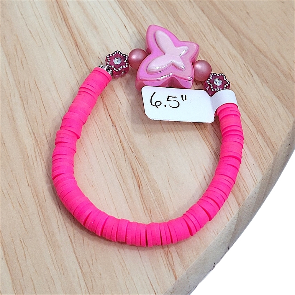 Hand Crafted Pink Butterfly Kids Bracelet Clay Stretch.Size 6.5"